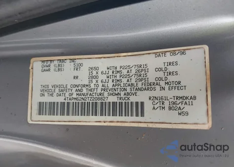 1996 Toyota Tacoma z USA, uszkodzony, nr VIN 4TAPM62N2TZ208827